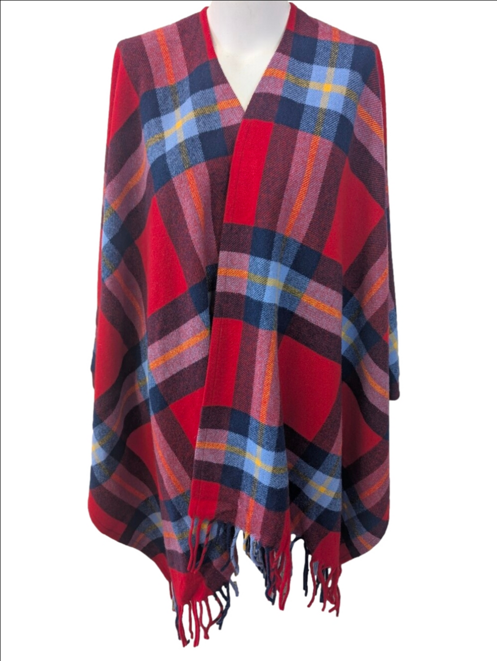 Vintage Pendleton Shawl Red Blue Plaid Fringe Poncho Cape